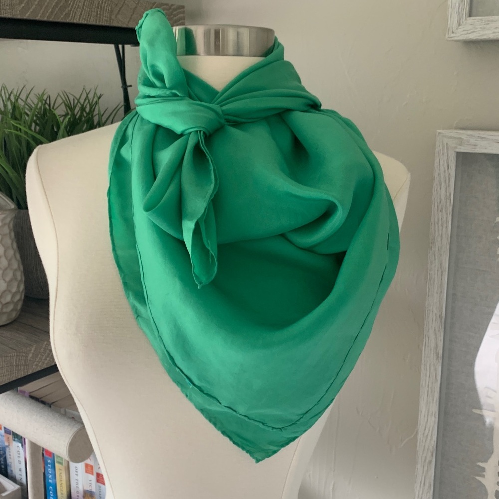 Green Solid Square Silk Scarf - image 5
